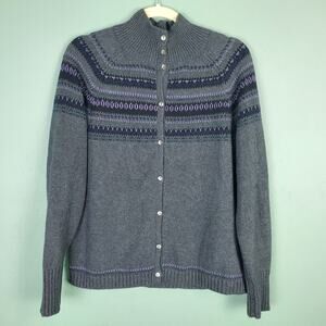 Eddie Bauer Collection Fair Isle Gray Purple Button Down Long Sleeve Sweater PL